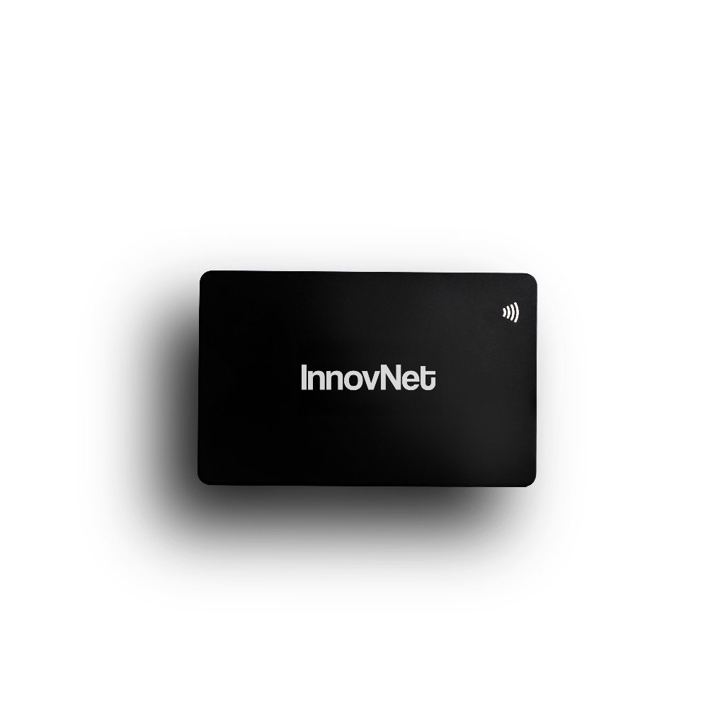 Obsidian Metal INNOVNET NFC card on a white studio background