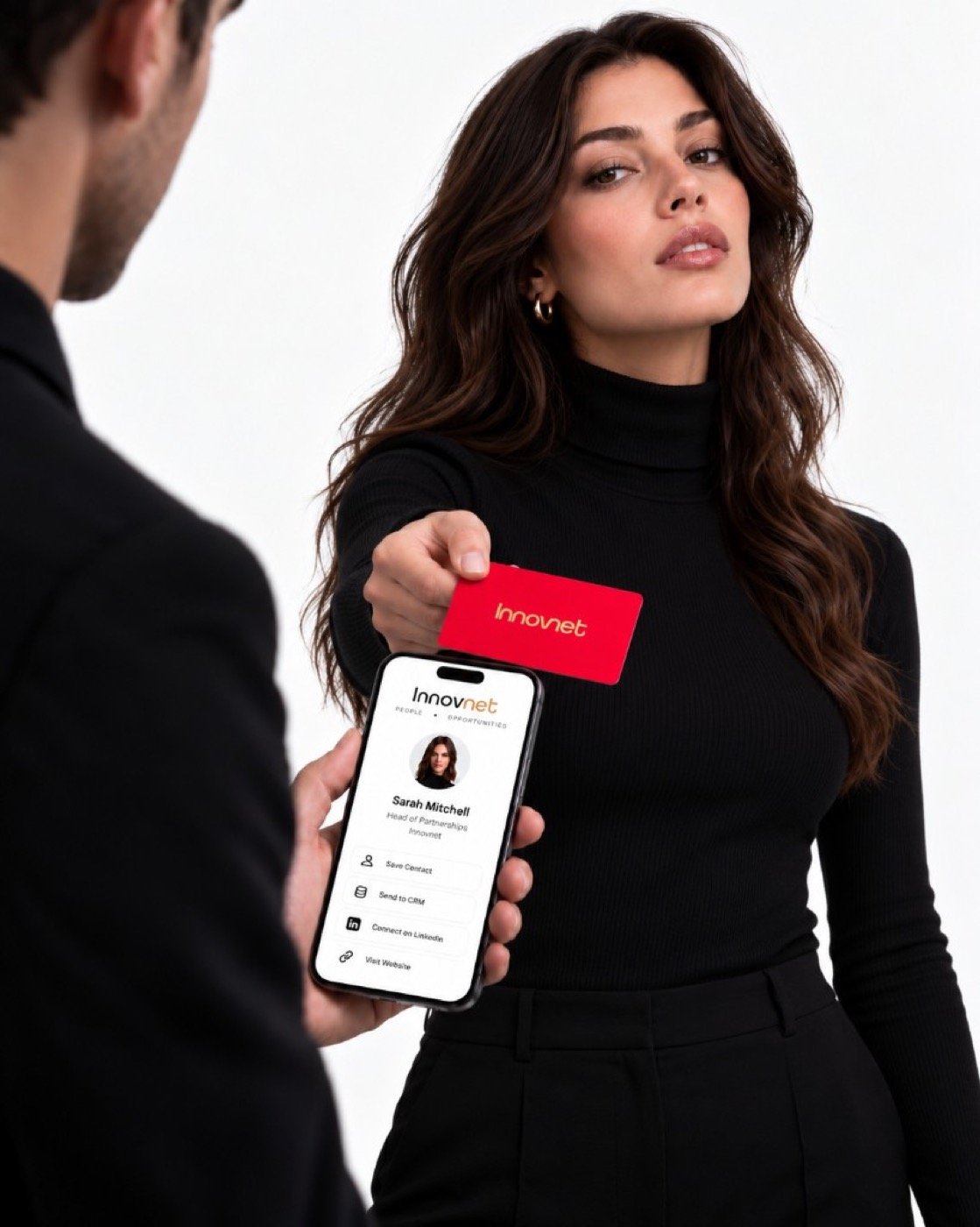 Red Innovnet card held above a phone showing an Innovnet digital profile